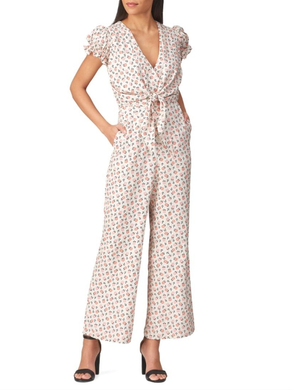 Capulet Jules Beige & Pink Floral Printed Short Sleeve Flirty Tie-front Jumpsuit